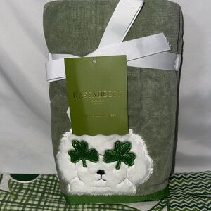 Kassadecor White Fuzzy Dog Set of 2 St Patrick’s Day Hand Towels Shamrocks